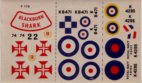 Frog F179 Blackburn Shark - decal sheet