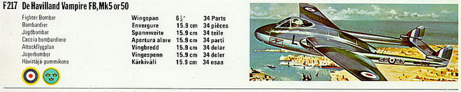 F217 1/72 De Havilland Vampire FB, Mk.5 or 50 in a FROG catalog